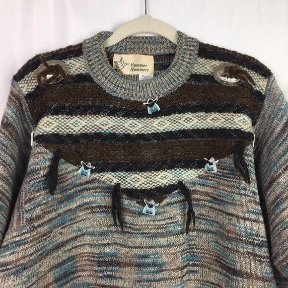 Southwestern Womens Long Med Wool Sweater Brown Turquoise Hummer Nummers Siesta - Picture 2 of 6